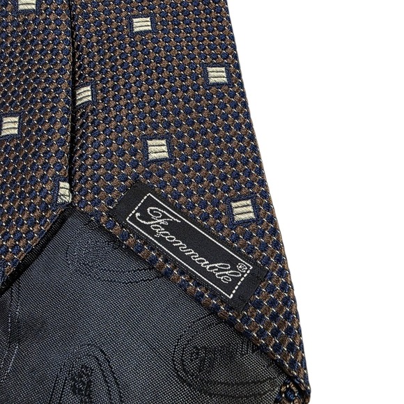 Faconnable Men's Tie Necktie‎ Designer Luxury Brown Blue Geometric France Silk - Picture 7 of 13